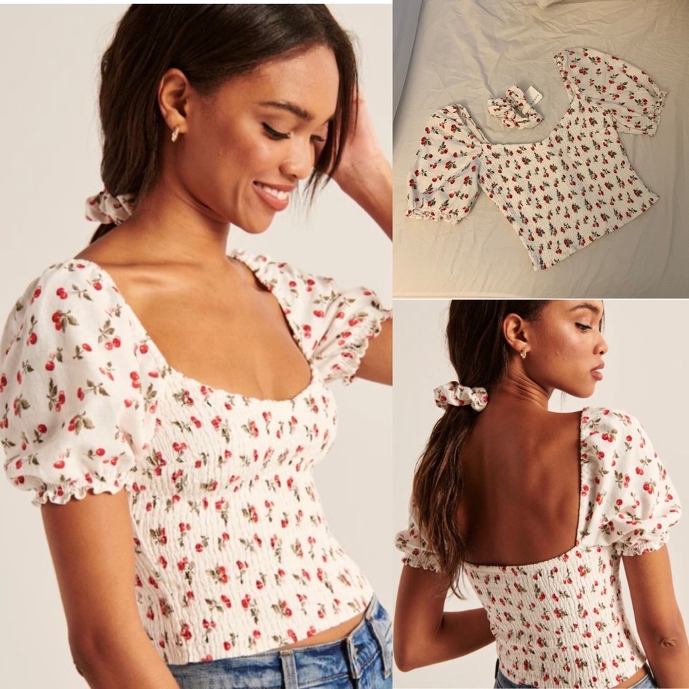 NWT Abercrombie & Fitch smocked puff sleeve linen set top in white cherry print